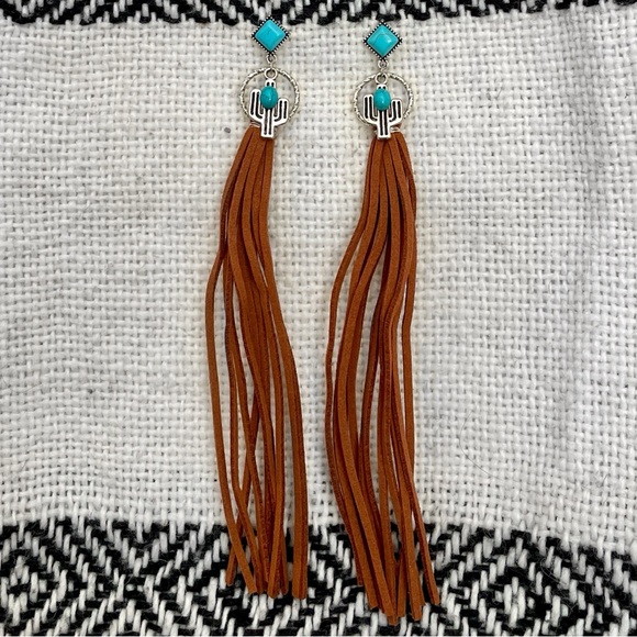 Red Saguaro Trading Post Jewelry - Faux Leather Fringe Earrings with Saguaro Cactus & Turquoise